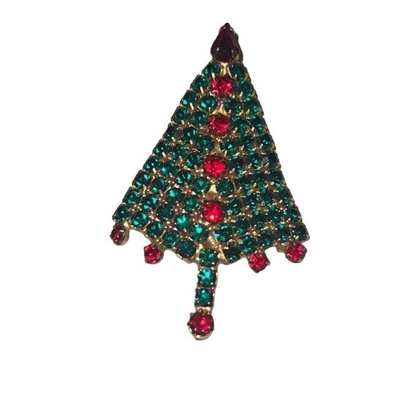 Vintage Mid Century Modern Red Green Rhinestone Christmas Tree Retro Brooch Pin - Picture 4 of 6
